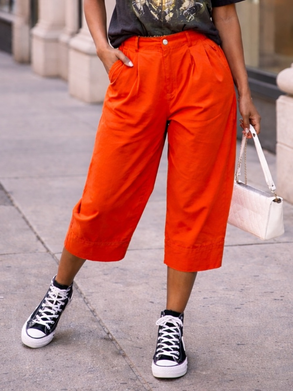 High-Waisted Orange Pleated Cropped Pants | Vintage Style | See Measurements